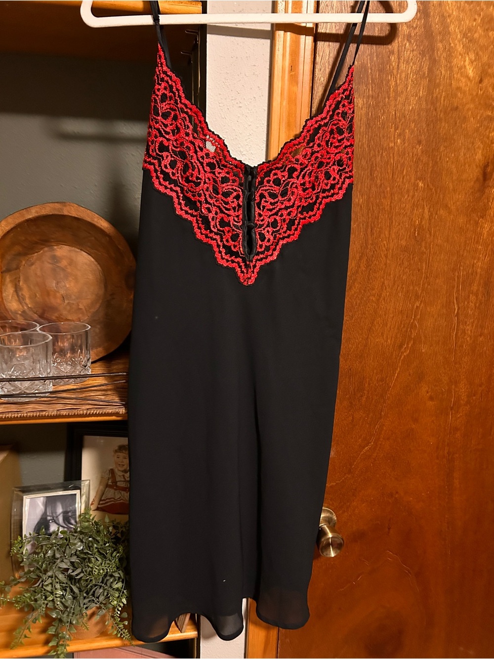 Black Chemise with Red Lace V-Neck Detail
